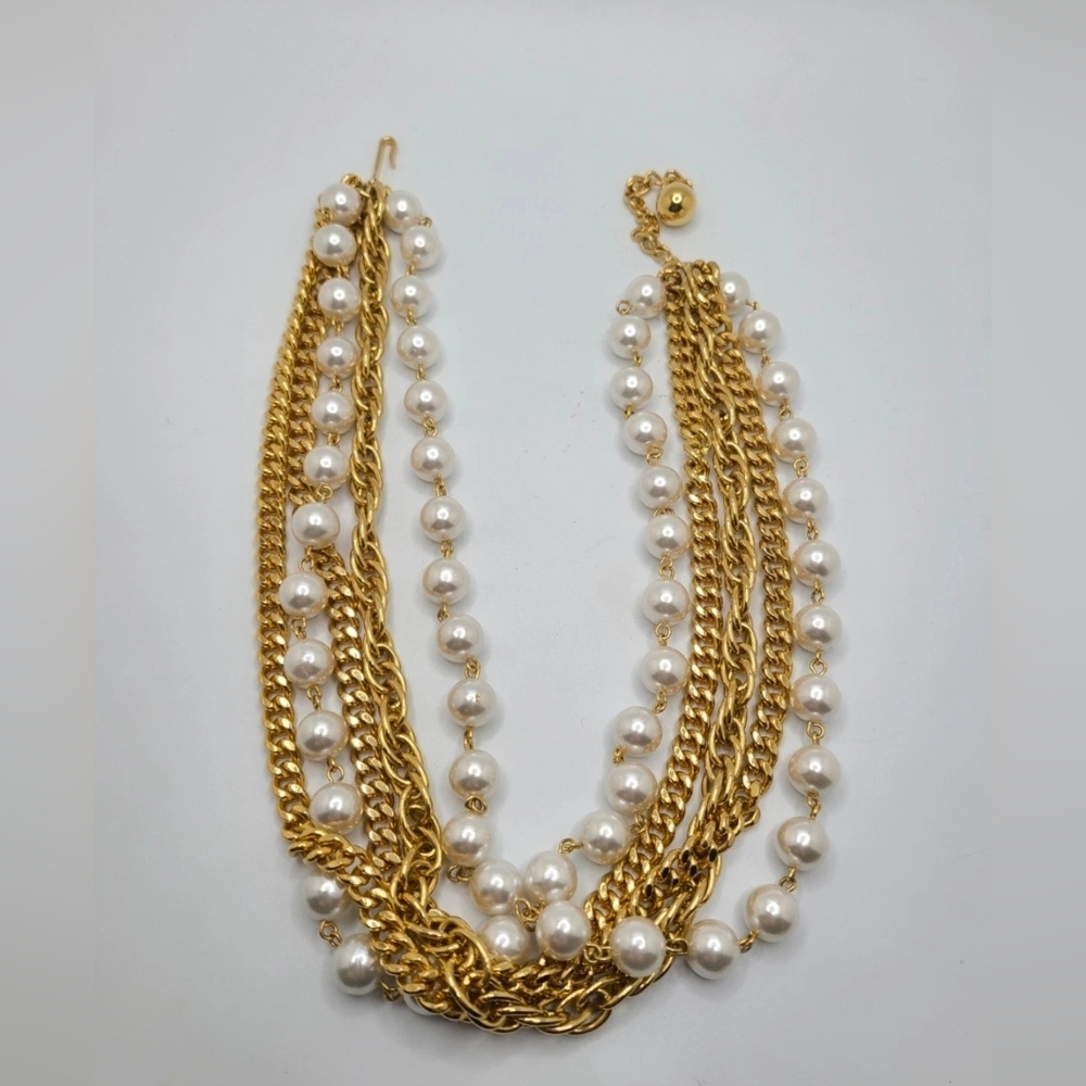 Vtg Elegant Gold and Pearl Multi Strand Choker Necklace - Picture 3 of 5